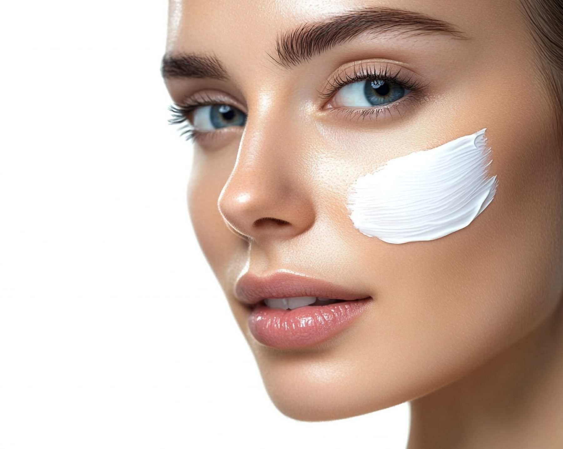 Radiant beauty shown on a woman's face with skincare product. Achieving healthy and glowing skin using facial creams is a beauty secret.